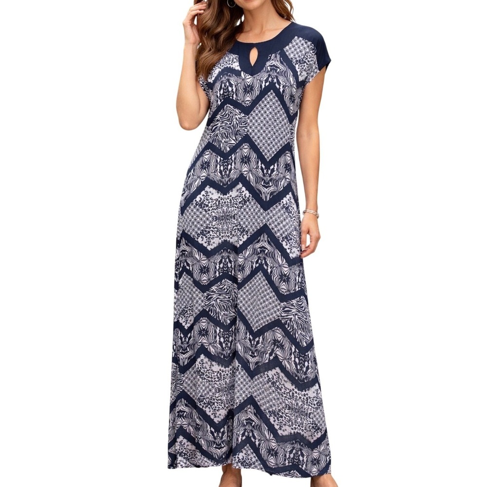 Susan Lawrence Maxi Dress fits L/XL White Animal Print Stretch‎ Summer